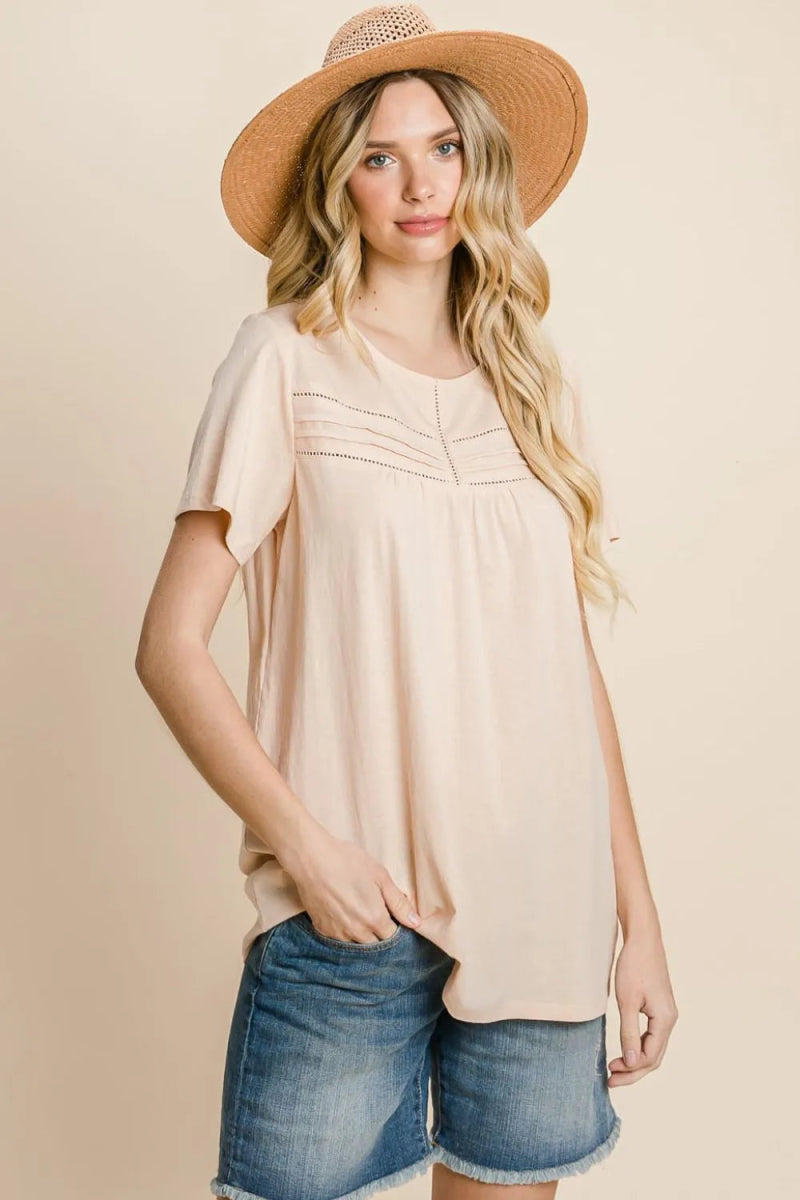 Cotton Bleu by Nu Label Eyelet Round Neck Short Sleeve T-Shirt - Love Salve 