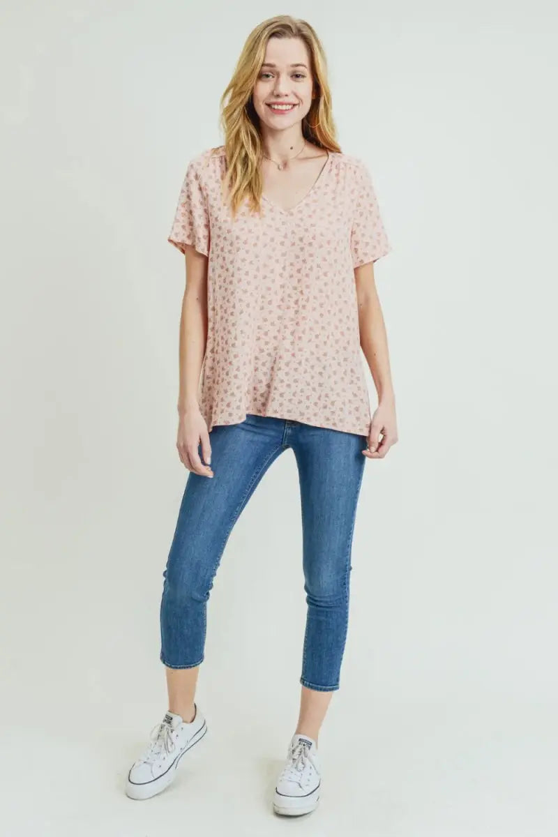 Cotton Bleu by Nu Label Printed V-Neck Short Sleeve T-Shirt - Love Salve 