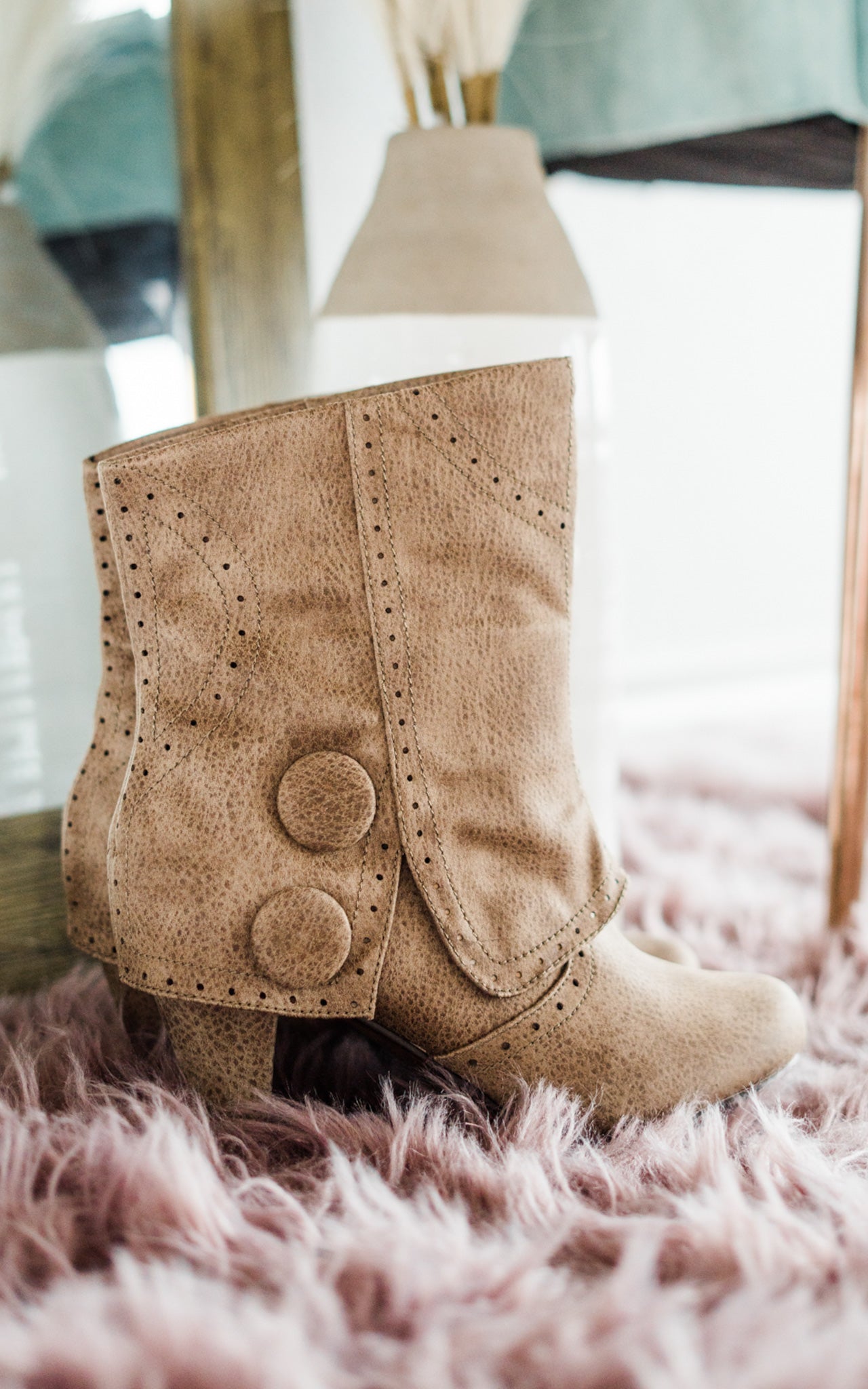 Taupe Cowgirl Booties With Star Detail Vintage Inspired Pull On