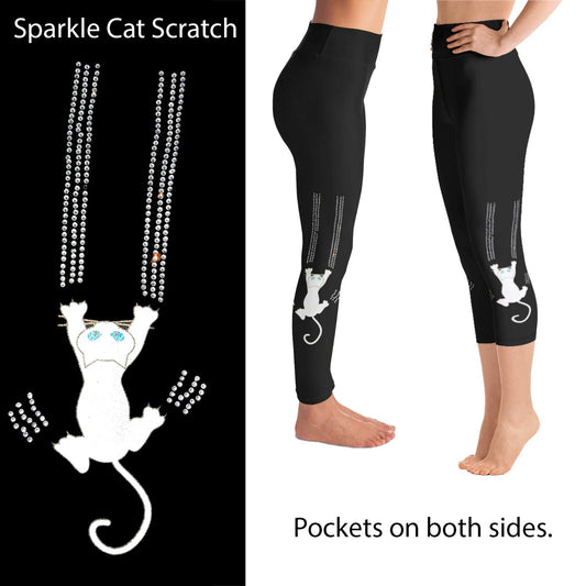 Black Cat Claw Scratch Capri Leggings Rhinestone and Glitter - Black / Cat Print / Cat Lover / Cat Pants / Cat RTS MM