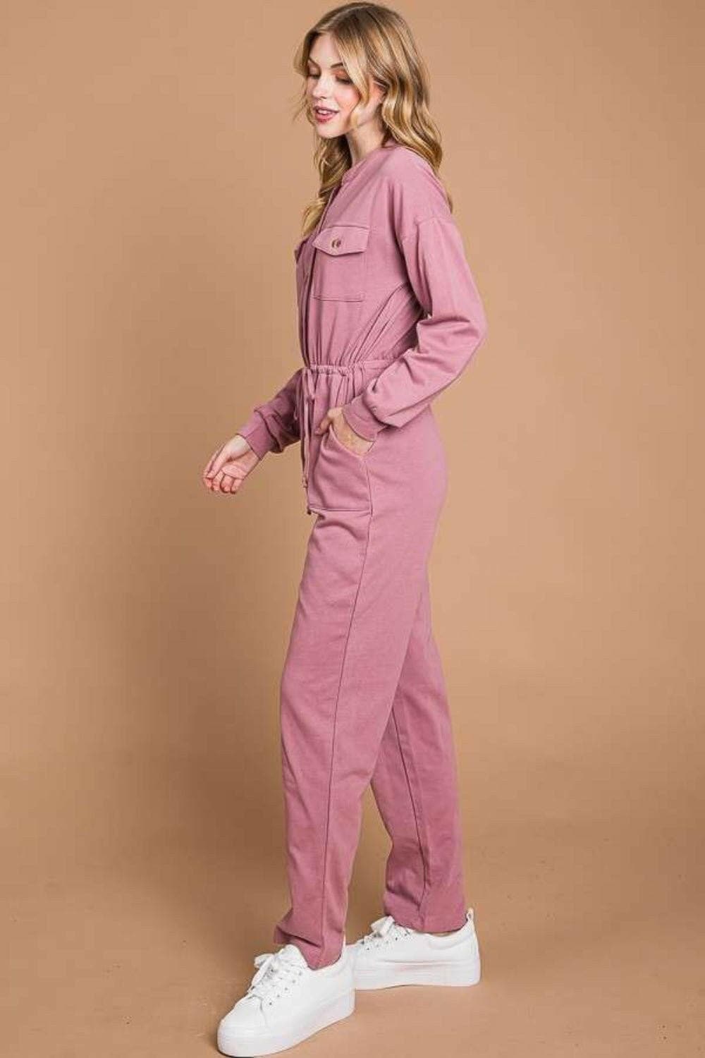 Culture Code Full Size Button Up Drawstring Waist Straight Jumpsuit - Love Salve