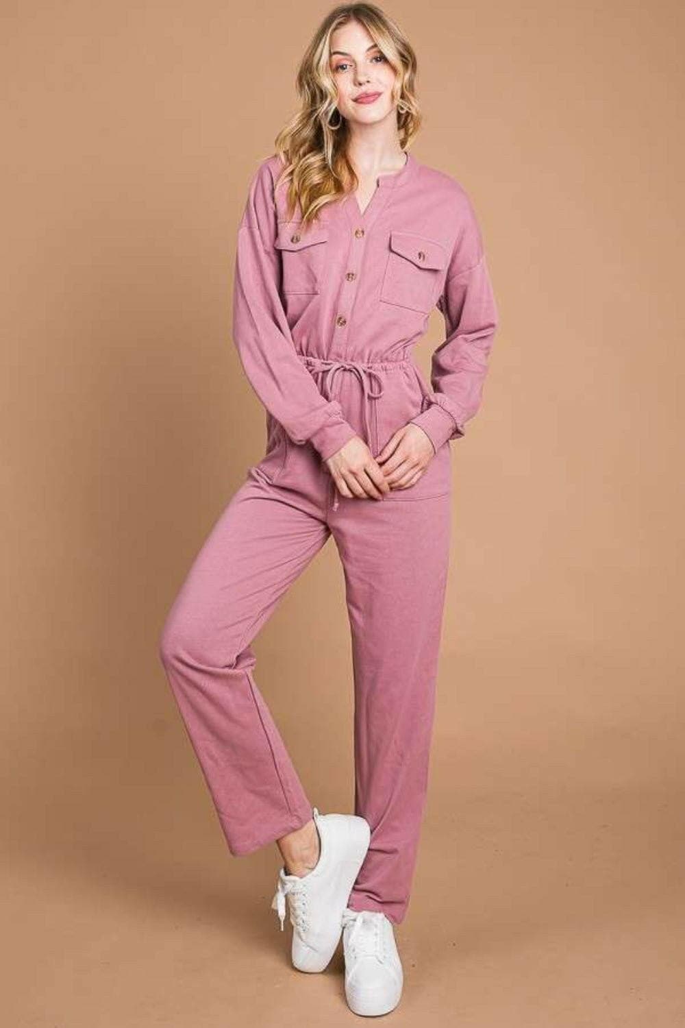 Culture Code Full Size Button Up Drawstring Waist Straight Jumpsuit - Love Salve