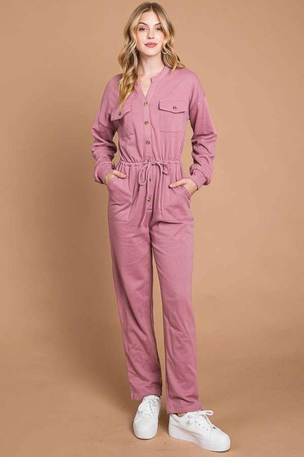 Culture Code Full Size Button Up Drawstring Waist Straight Jumpsuit - Love Salve