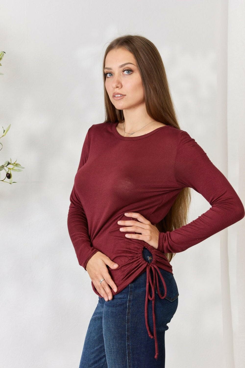 Culture Code Full Size Drawstring Round Neck Long Sleeve Top - Love Salve