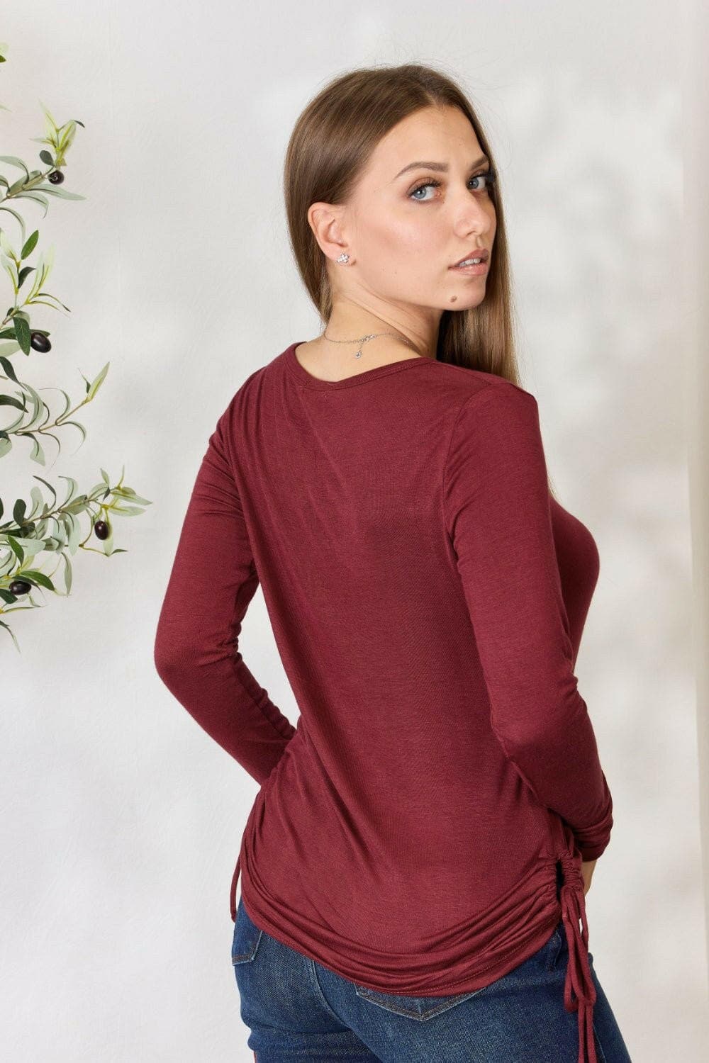 Culture Code Full Size Drawstring Round Neck Long Sleeve Top - Love Salve