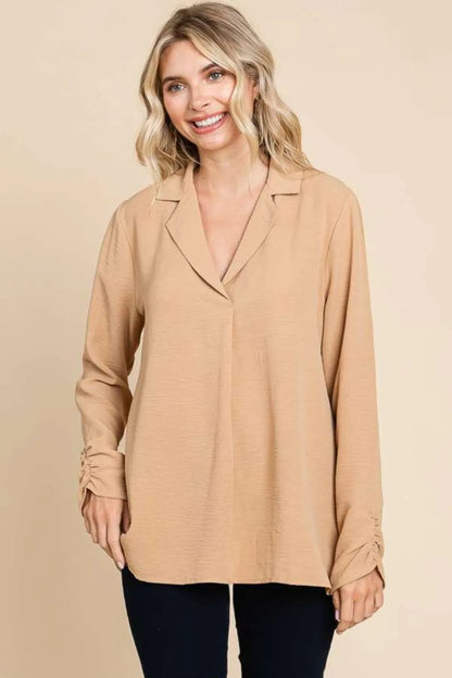 Culture Code Full Size Lapel Collar Ruched Long Sleeve Blouse - Love Salve 