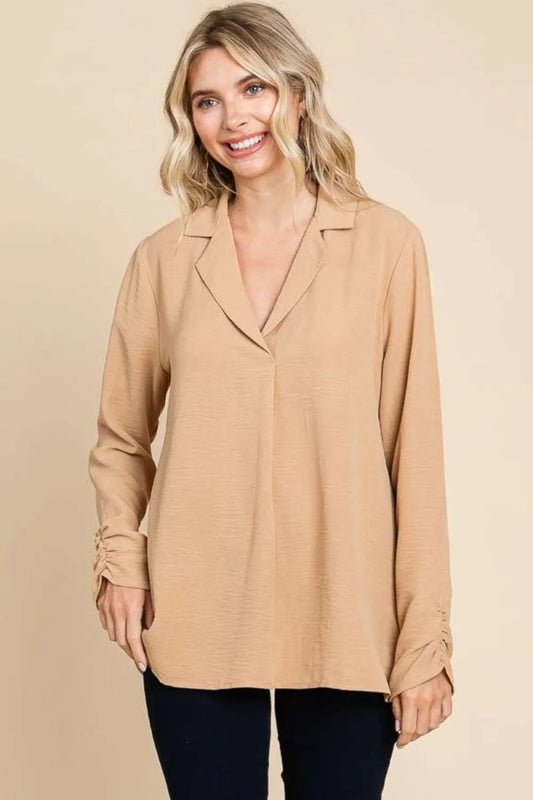 Culture Code Full Size Lapel Collar Ruched Long Sleeve Blouse - Love Salve 