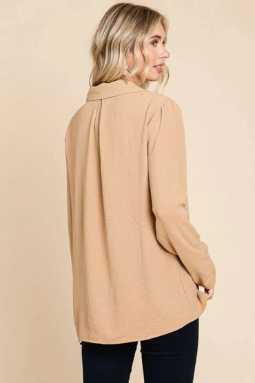 Culture Code Full Size Lapel Collar Ruched Long Sleeve Blouse - Love Salve 