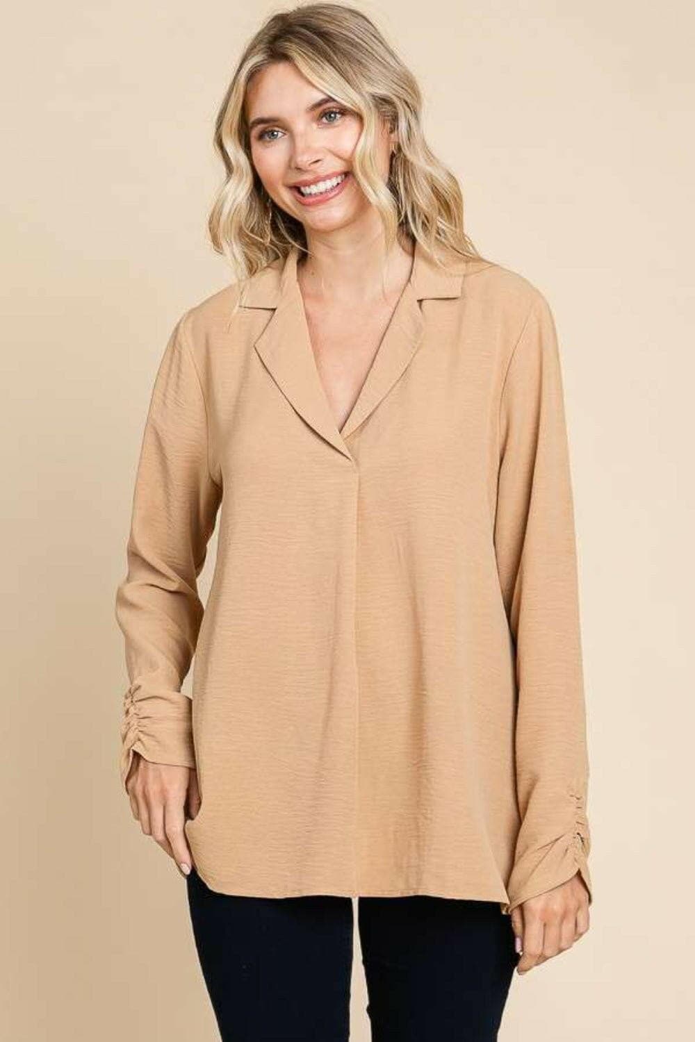 Culture Code Full Size Lapel Collar Ruched Long Sleeve Blouse - Love Salve