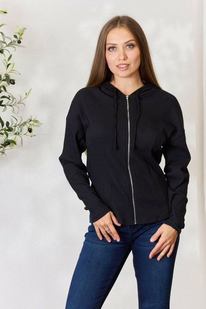 Culture Code Full Size Ribbed Zip Up Drawstring Hooded Jacket - Love Salve