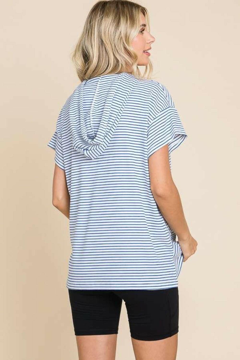 Culture Code Full Size Striped Short Sleeve Hooded Top - Love Salve