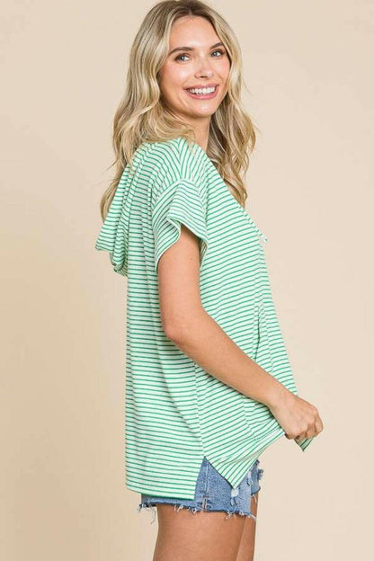 Culture Code Full Size Striped Short Sleeve Hooded Top - Love Salve