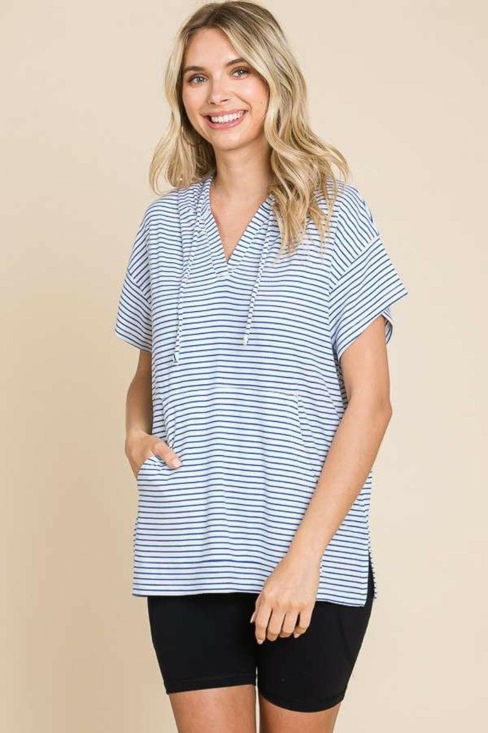 Culture Code Full Size Striped Short Sleeve Hooded Top - Love Salve