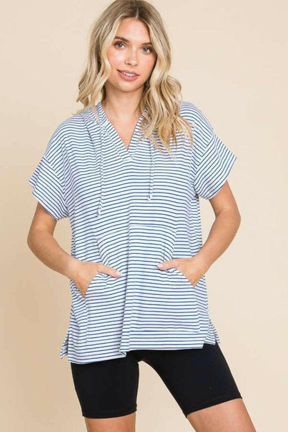 Culture Code Full Size Striped Short Sleeve Hooded Top - Love Salve