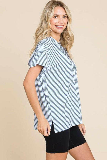 Culture Code Full Size Striped Short Sleeve Hooded Top - Love Salve