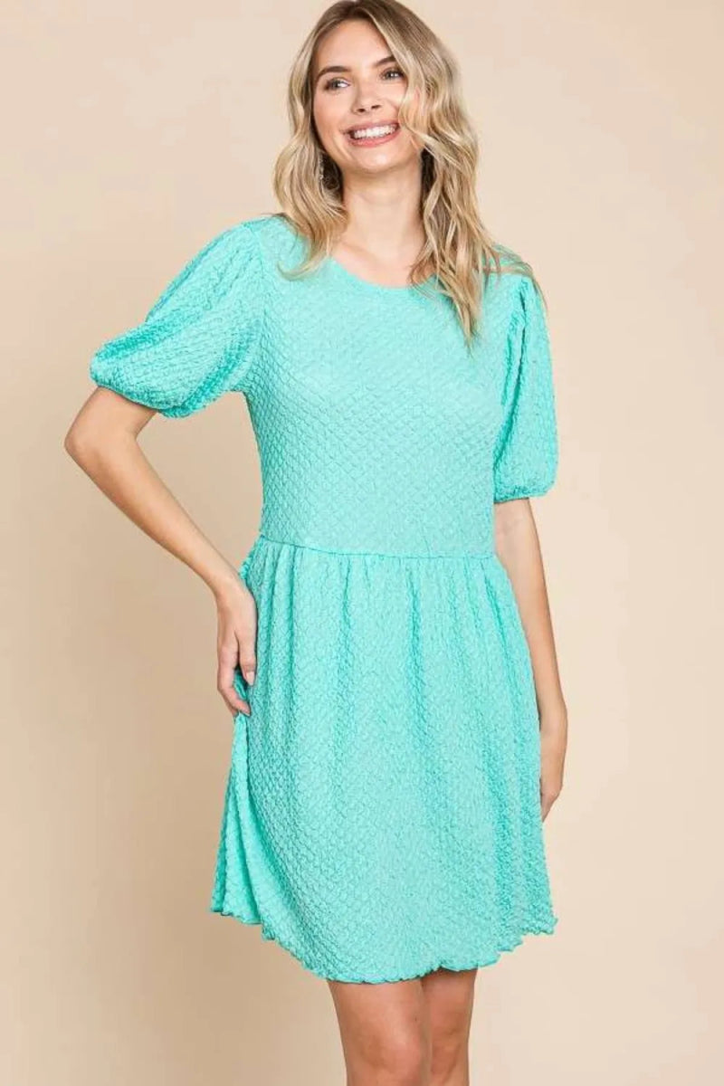 Culture Code Full Size Textured Round Neck Puff Sleeve Dress - Love Salve 