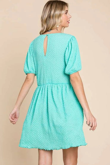 Culture Code Full Size Textured Round Neck Puff Sleeve Dress - Love Salve 