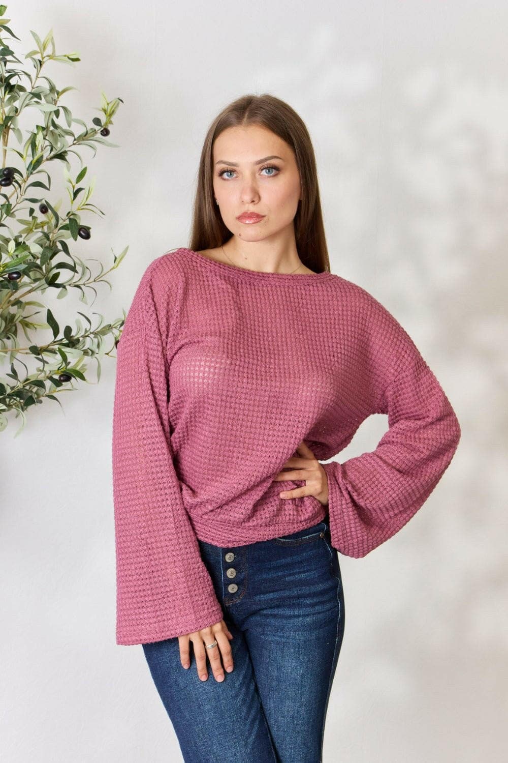 Culture Code Full Size Waffle-Knit Round Neck Long Sleeve Blouse - Love Salve