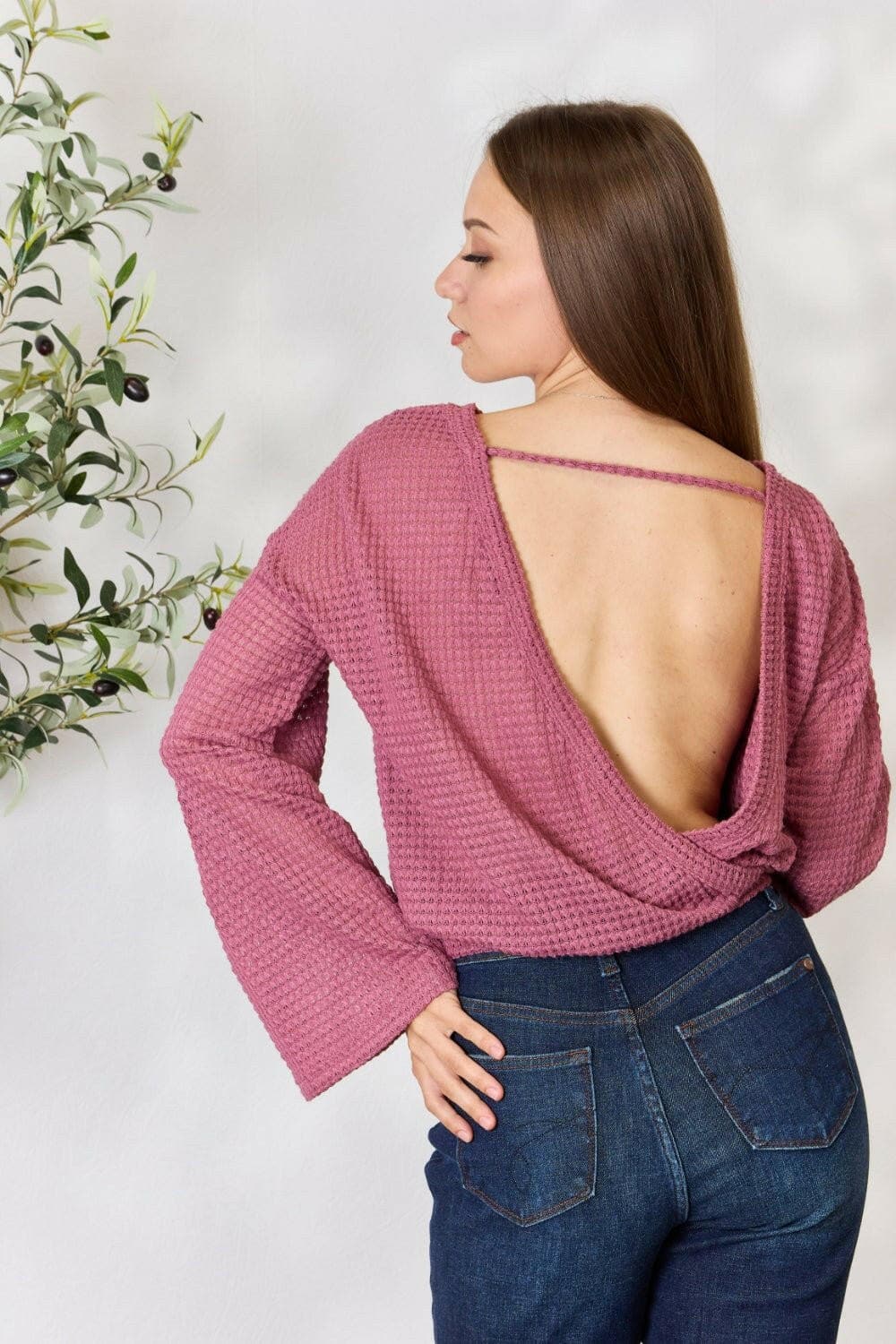 Culture Code Full Size Waffle-Knit Round Neck Long Sleeve Blouse - Love Salve