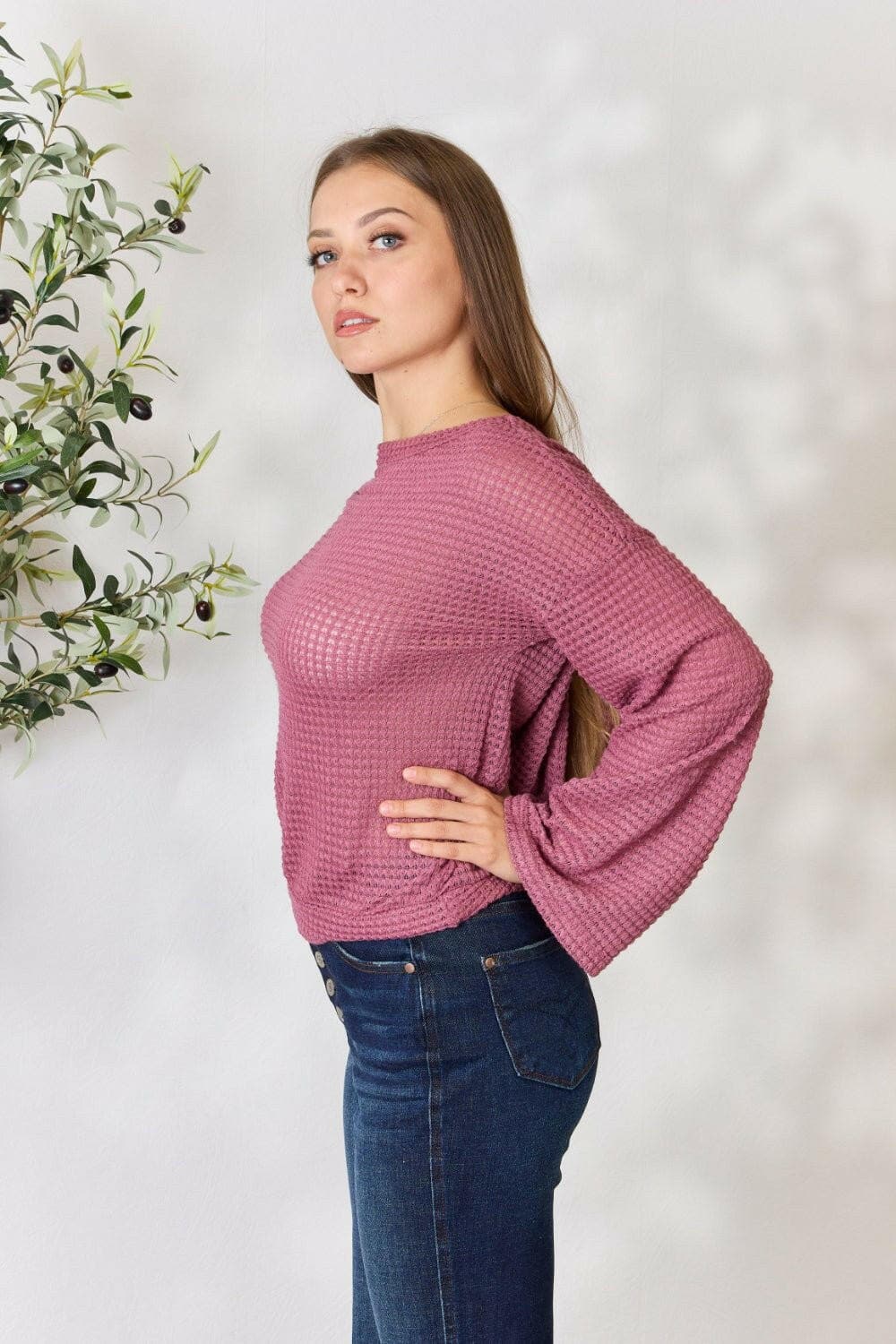 Culture Code Full Size Waffle-Knit Round Neck Long Sleeve Blouse - Love Salve