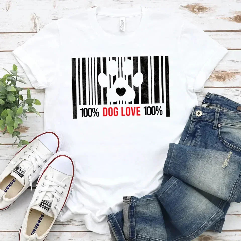 Adorb.co 100% Dog Love Barcode With Paw Pet Lover Tee, a stylish graphic tee for dog lovers. This quality shirt features a un
