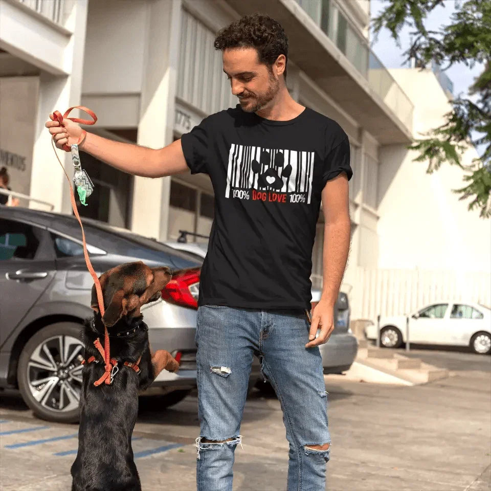 Adorb.co 100% Dog Love Barcode With Paw Pet Lover Tee, showcasing the detailed barcode and paw print graphic. A comfortable, 
