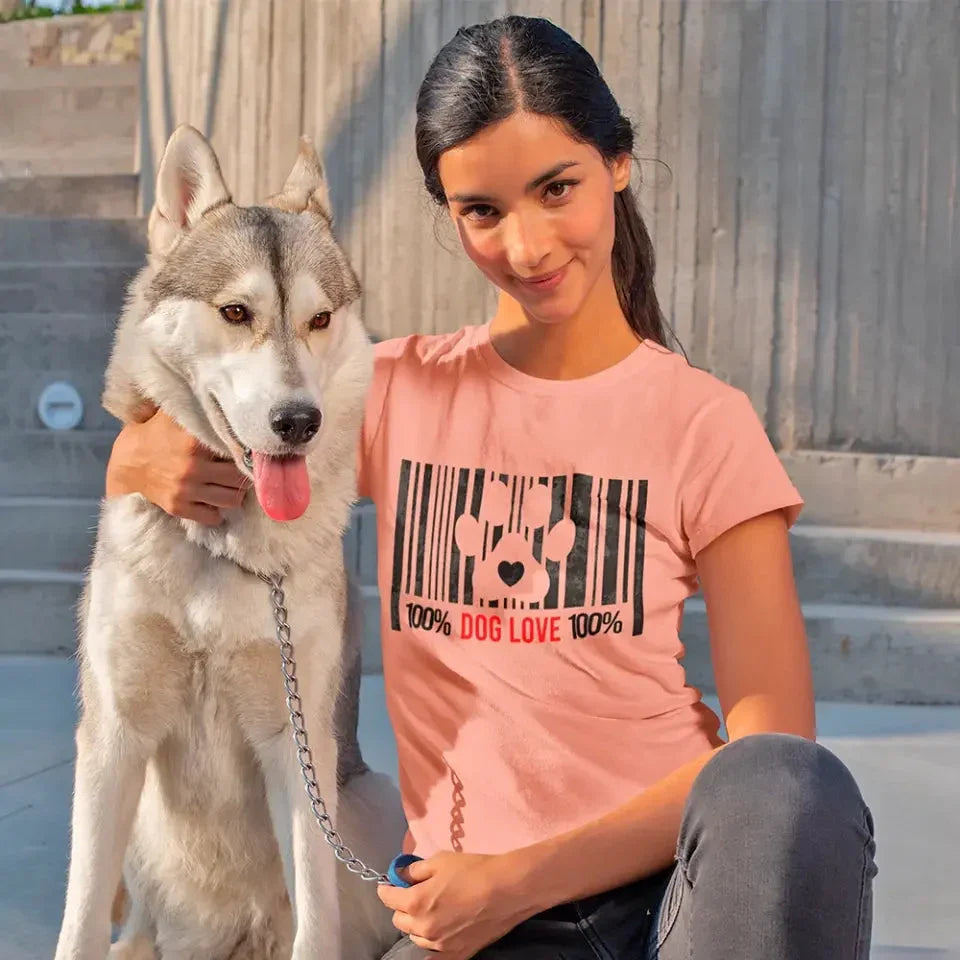 Adorb.co 100% Dog Love Barcode With Paw Pet Lover Tee, a close-up revealing the soft fabric texture and crisp, durable barcod