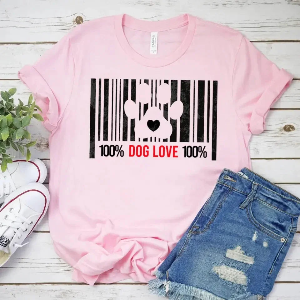 Adorb.co 100% Dog Love Barcode With Paw Pet Lover Tee, showcasing the neat stitching and quality construction of this comfort