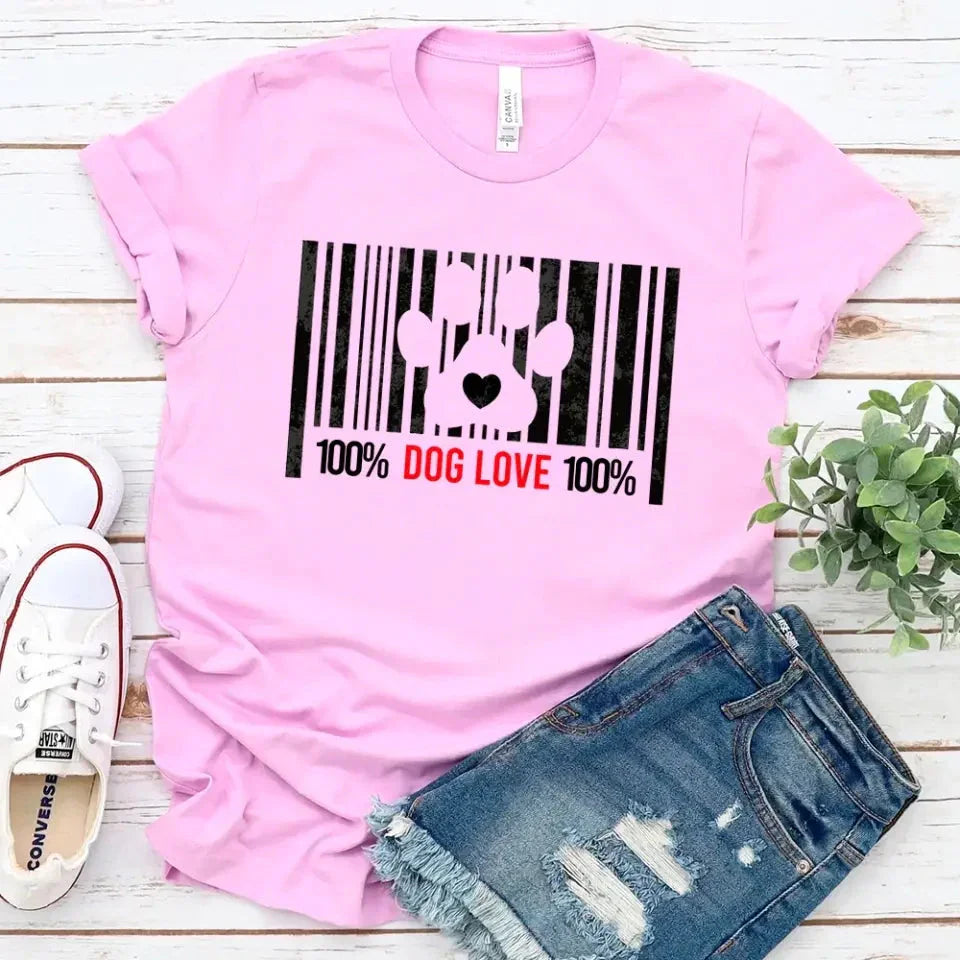 Adorb.co 100% Dog Love Barcode With Paw Pet Lover Tee presented as a flat lay, highlighting its versatile style and unique pa