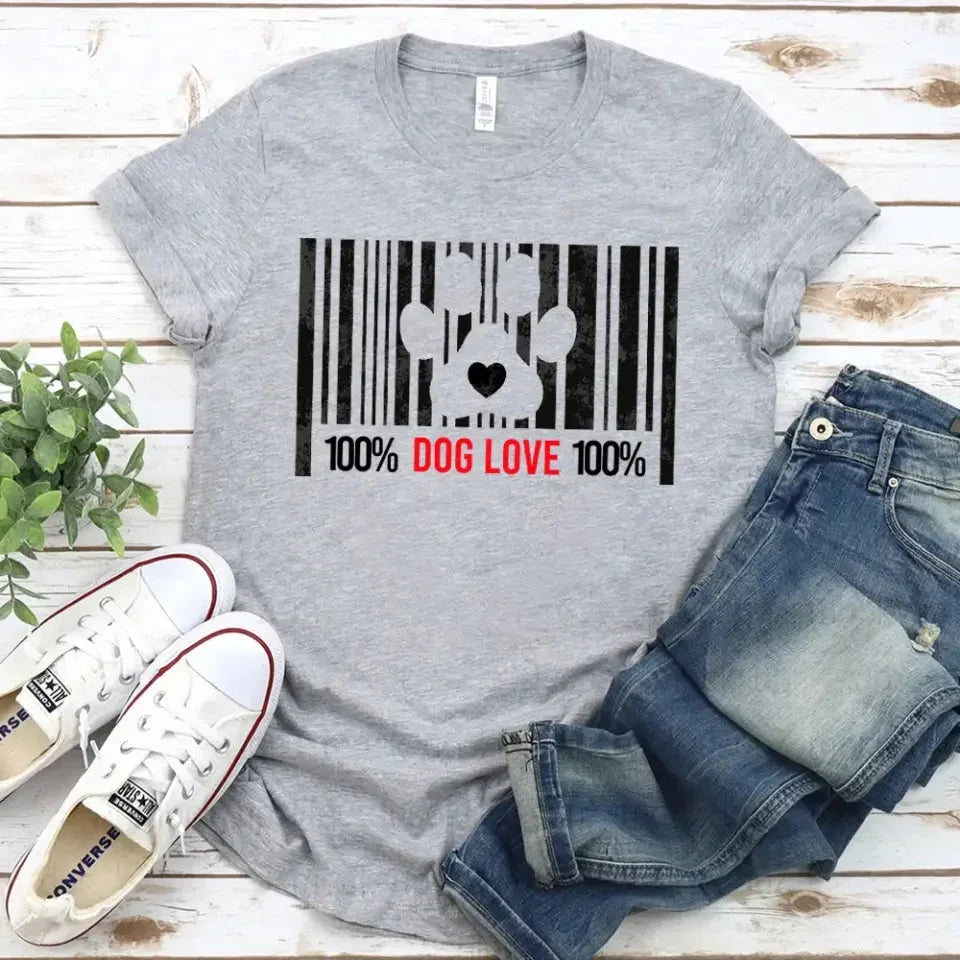 Adorb.co 100% Dog Love Barcode With Paw Pet Lover Tee on a model, demonstrating its relaxed fit and appeal for any dog owner.