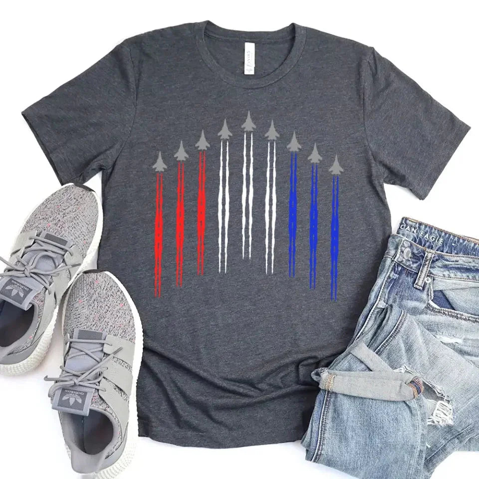 Adorb.co Air Force Flyover Adult T-shirt, front view showcasing the detailed red, white, and blue patriotic graphic.