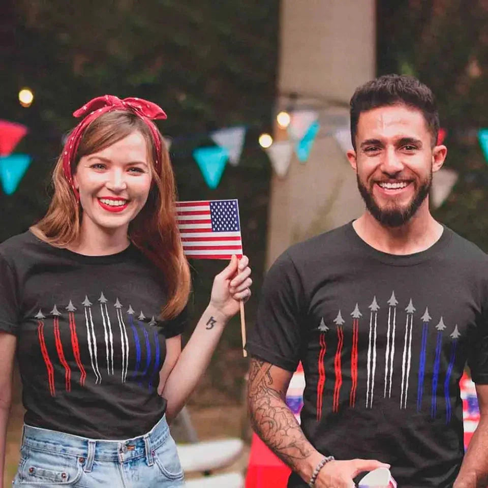Adorb.co Air Force Flyover Red White And Blue Adult T-shirt, styled for a casual look, appealing to aviation fans.