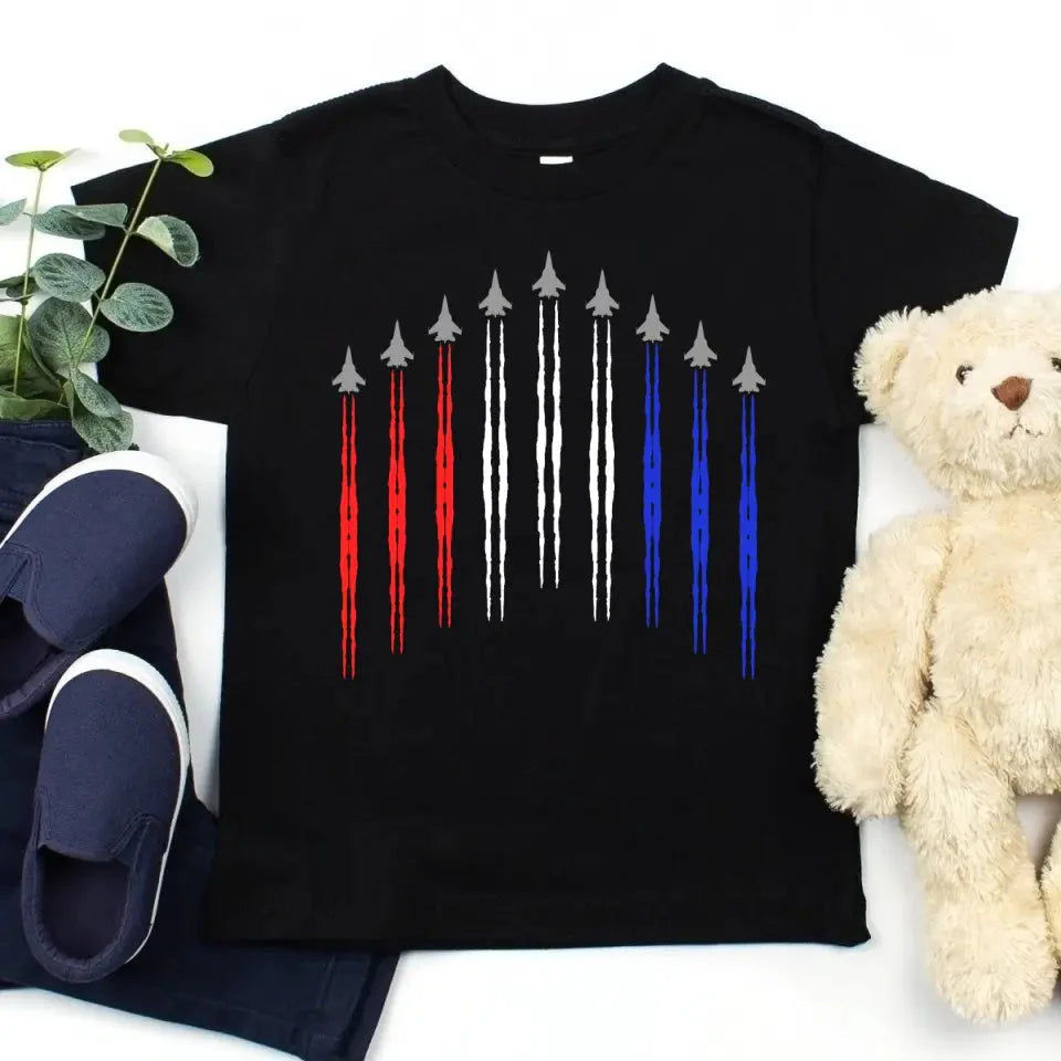 Air Force Flyover Red White And Blue for Adult and Kids T-shirt - Product side view by Adorb.co
