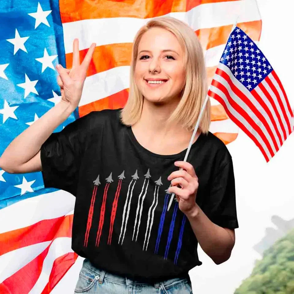 Adorb.co Air Force Flyover T-shirts in adult and kids sizes, displayed together, perfect for matching patriotic family appare