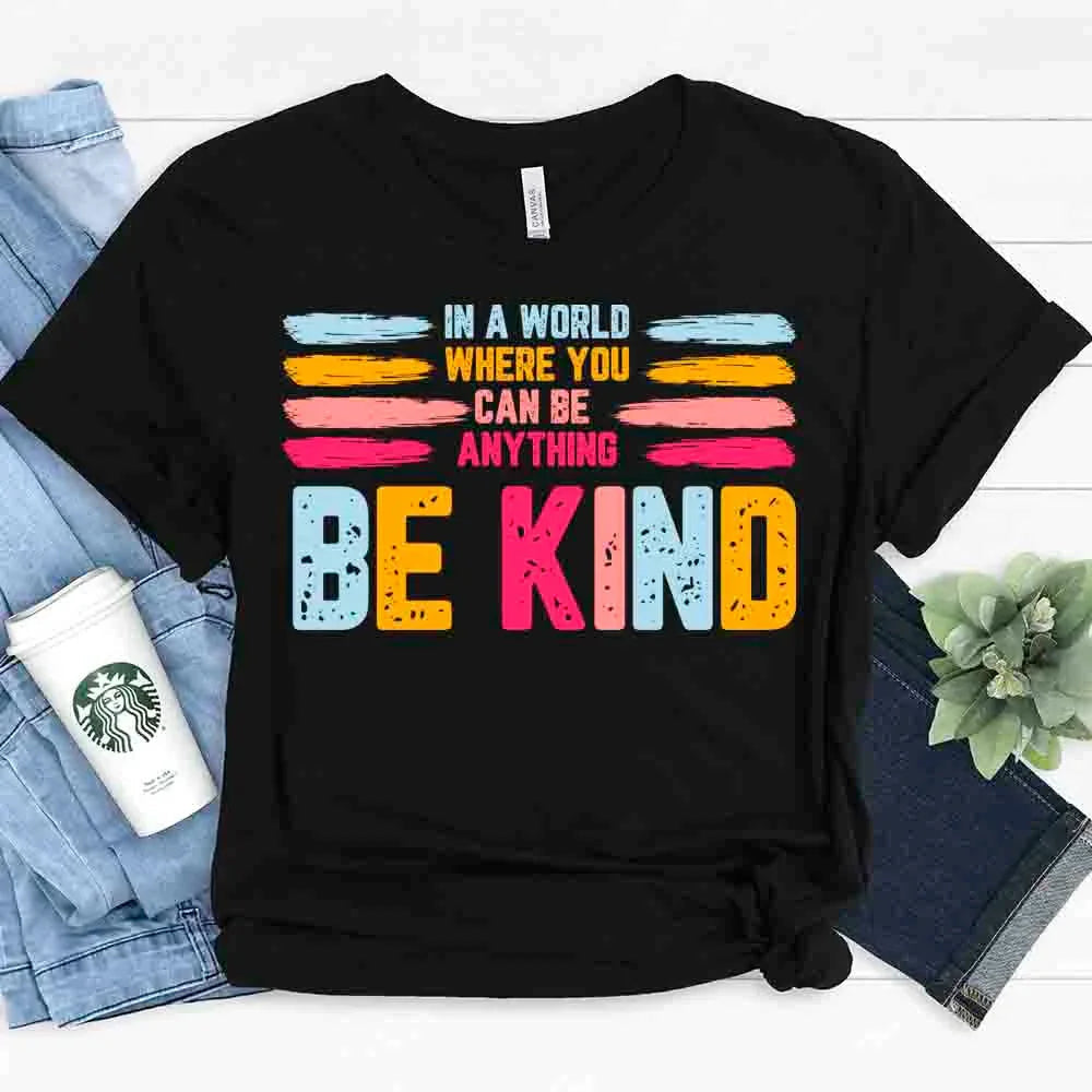 Detailed view of the Adorb.co Be Kind Tee graphic, highlighting the positive message print on this stylish statement shirt.