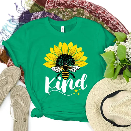Adorb.co Bee Kind Sunflower Graphic Tee, a soft white unisex kindness shirt featuring a vibrant positive message.