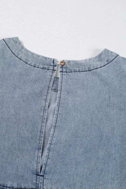 Cutout Round Neck Balloon Sleeve Denim Dress - Love Salve 