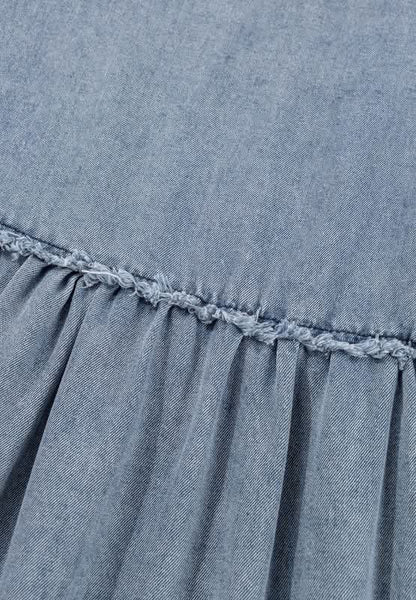 Cutout Round Neck Balloon Sleeve Denim Dress - Love Salve 