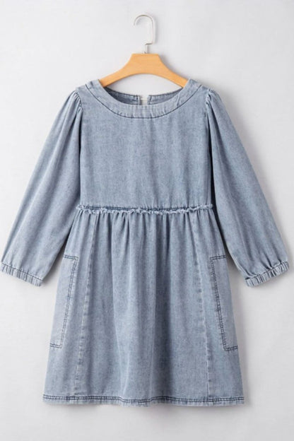 Cutout Round Neck Balloon Sleeve Denim Dress - Love Salve 