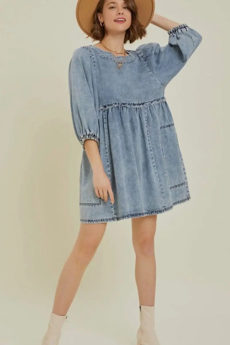 Cutout Round Neck Balloon Sleeve Denim Dress - Love Salve 
