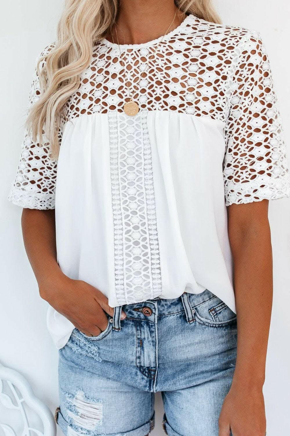 Cutout Round Neck Half Sleeve Blouse - Love Salve