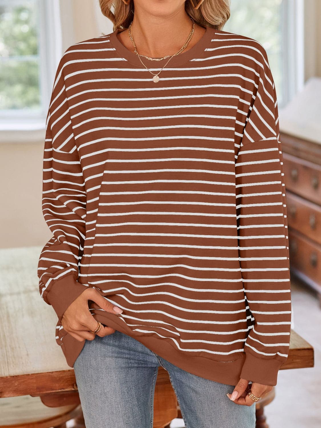 Cozy striped long sleeve crewneck sweatshirt