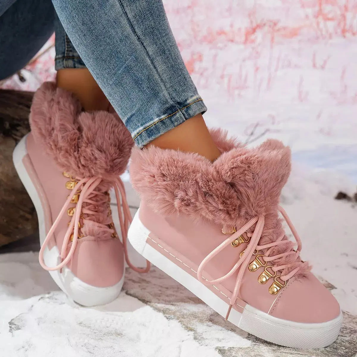 Fuzzy Trim Lace-Up Ankle Boots Simply Love