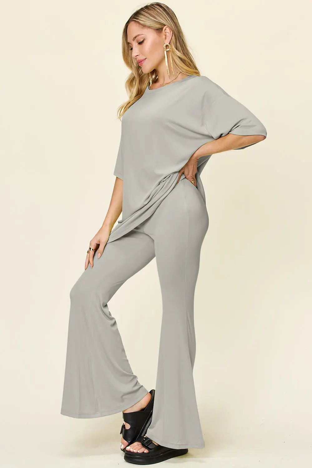 Double Take Full Size Round Neck Drop Shoulder T-Shirt and Flare Pants Set - Love Salve