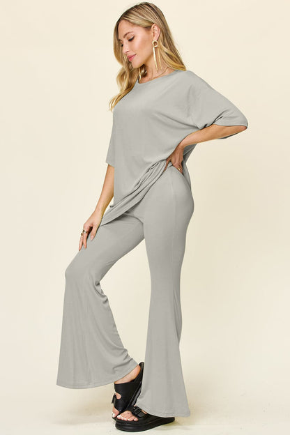 Double Take Full Size Round Neck Drop Shoulder T-Shirt and Flare Pants Set.