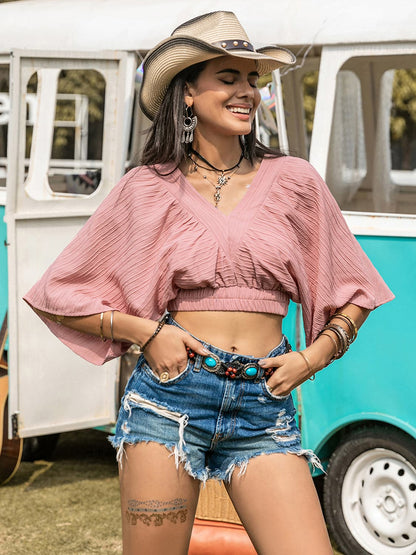 Textured V-Neck Crop Top.