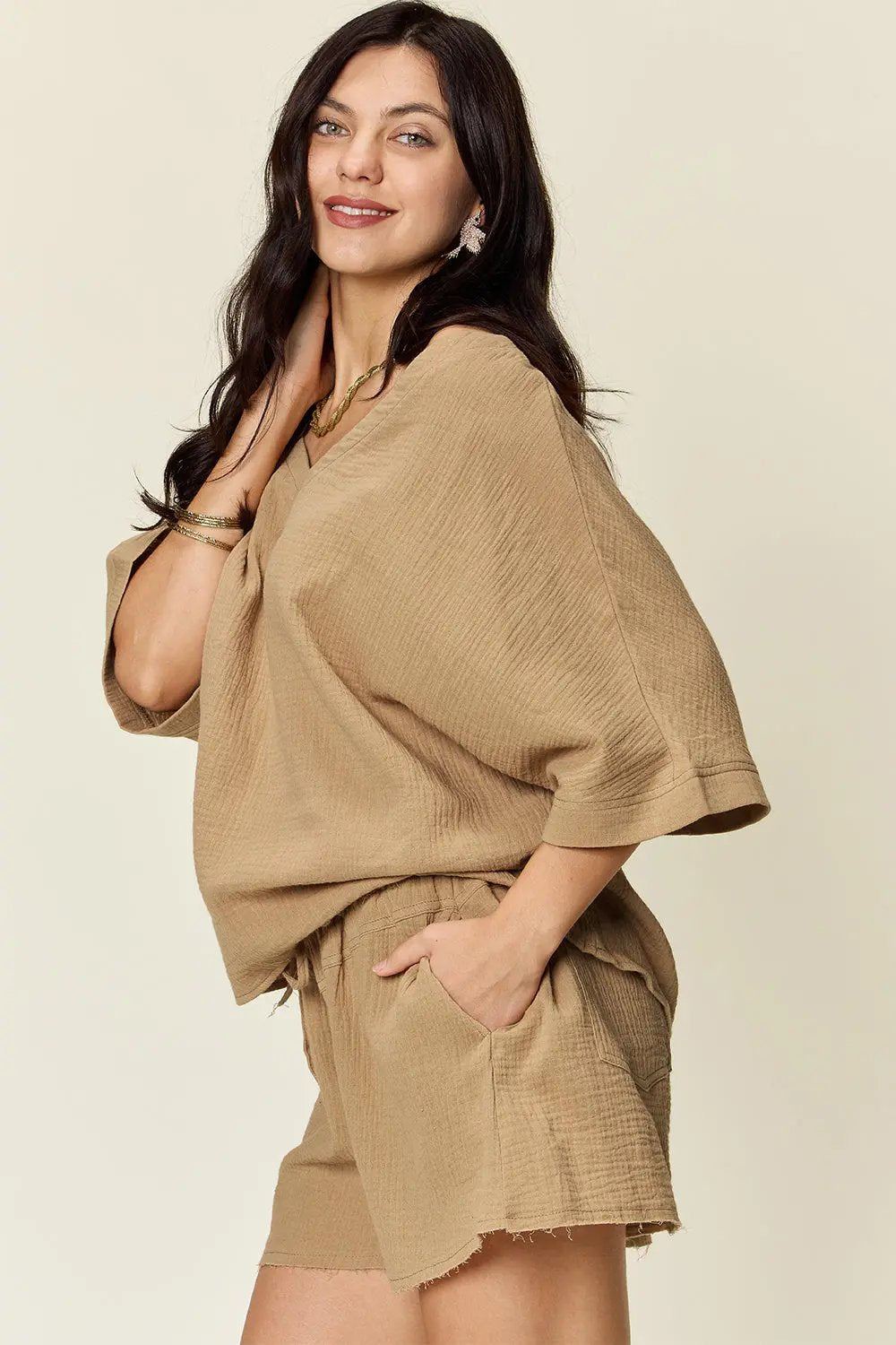 Double Take Texture Half Sleeve T-Shirt and Drawstring Shorts Set - Love Salve