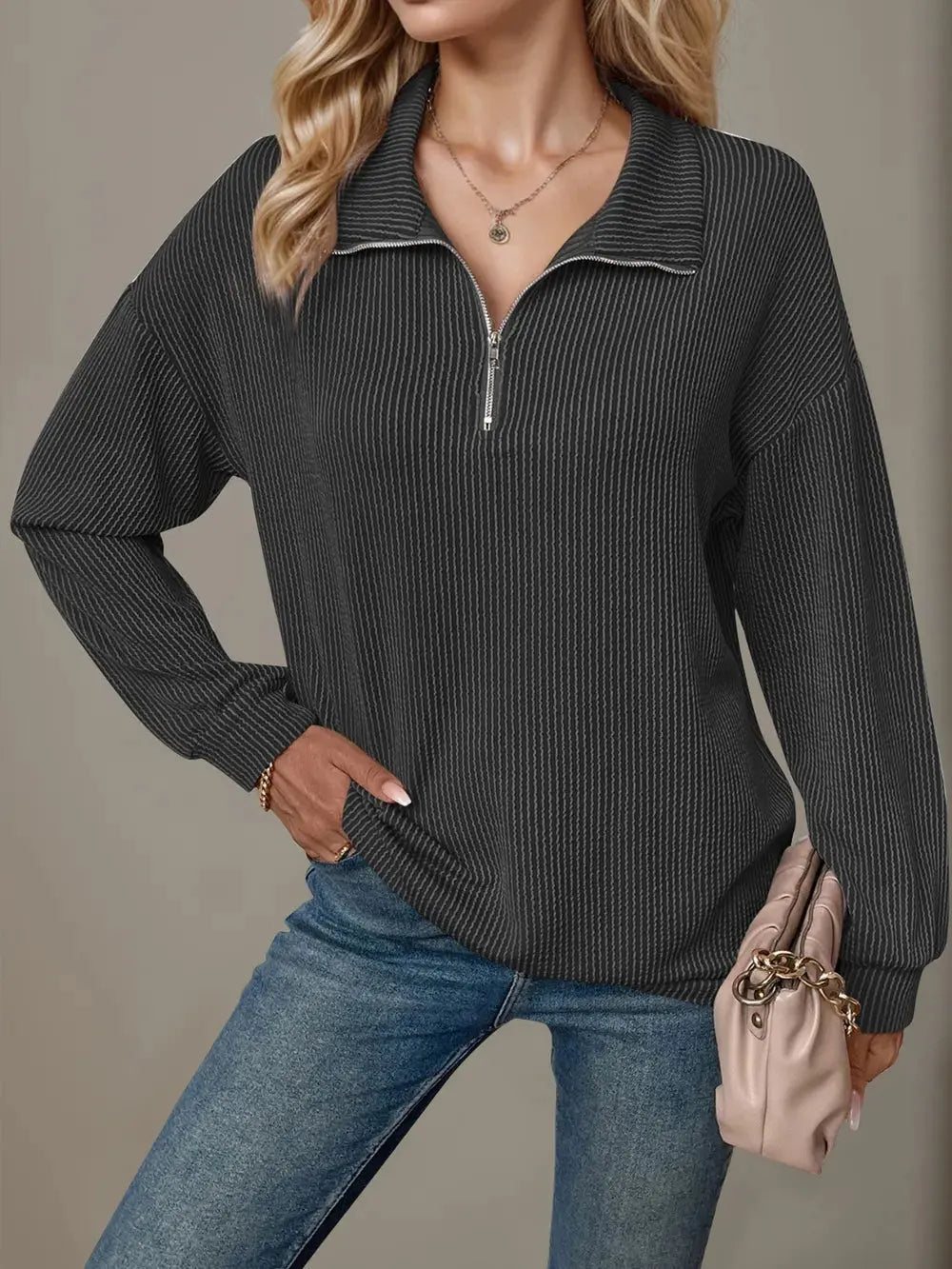 Double Take Striped Half Zip Long Sleeve T-Shirt - Love Salve