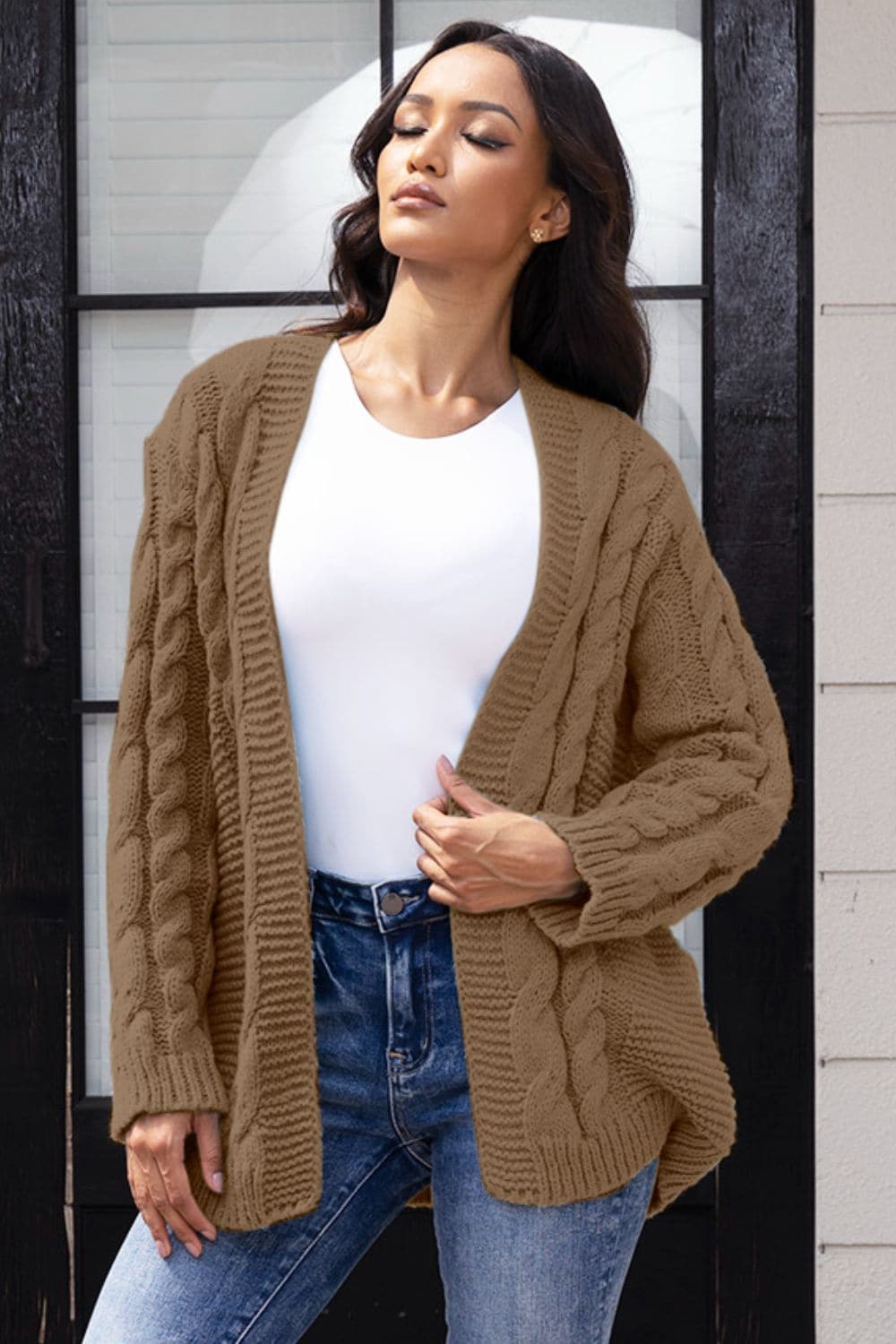 Open Front Cable-Knit Cardigan.