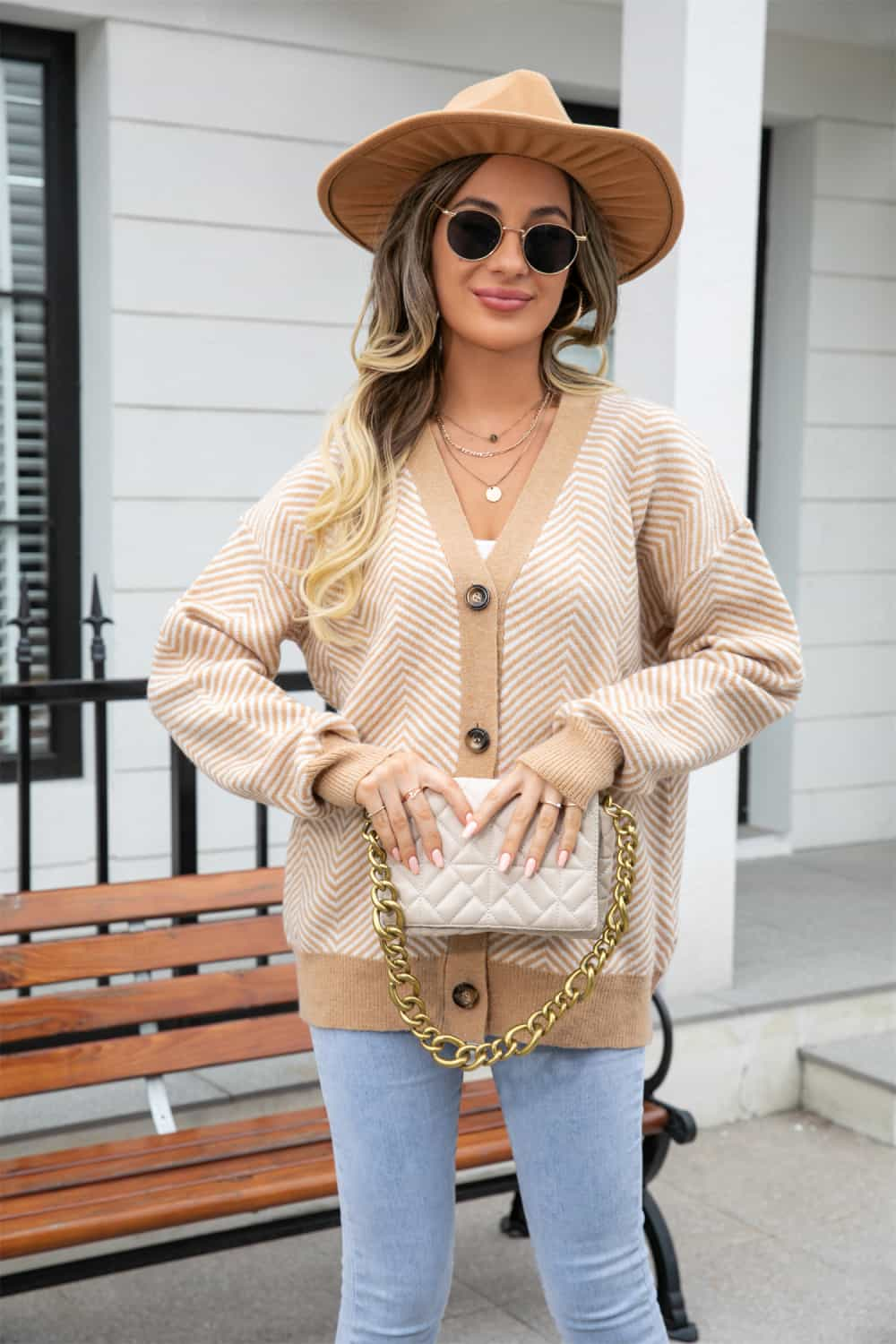 Striped V-Neck Dropped Shoulder Button-Up Cardigan.